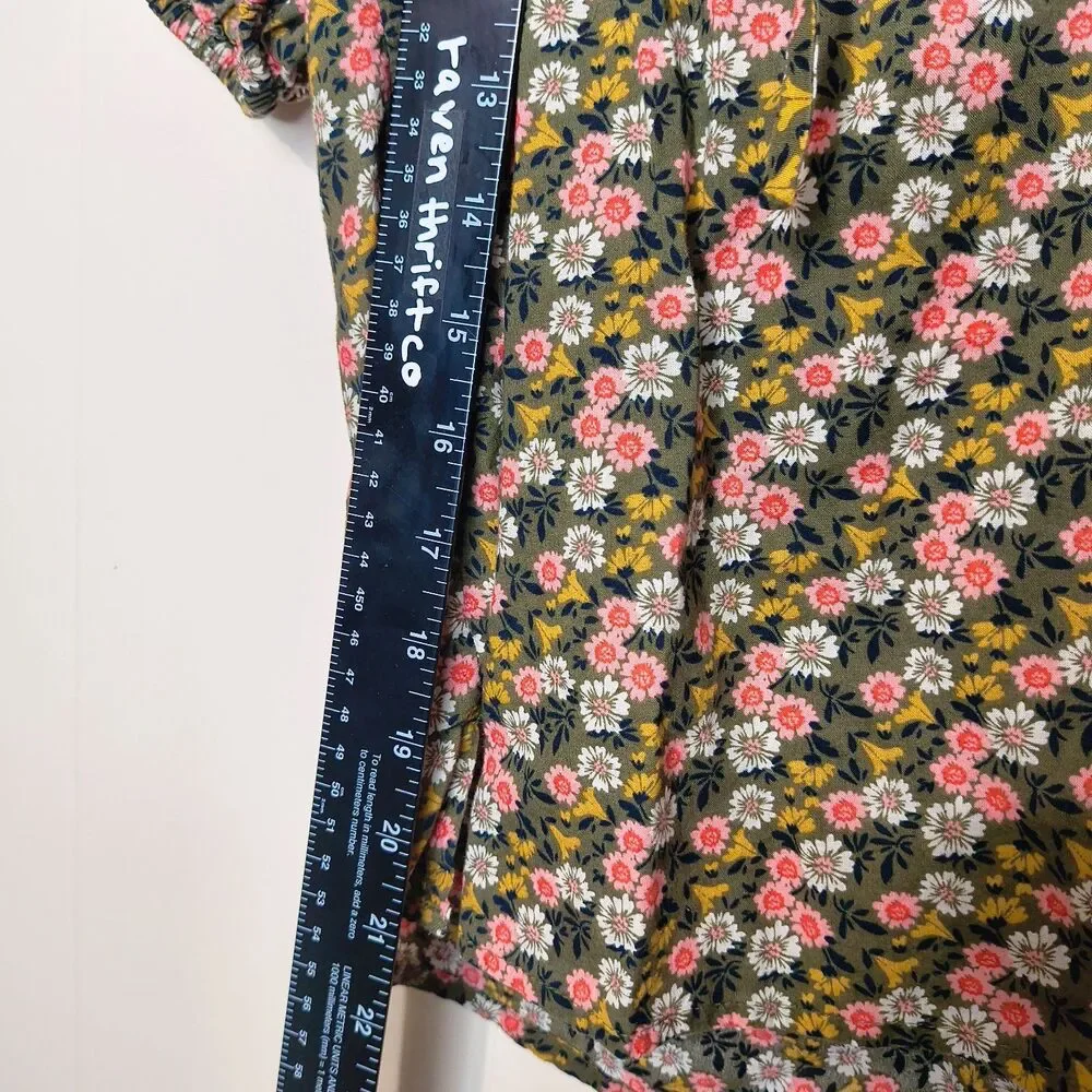 LOFT Green Floral Puff Sleeve Top 100% Cotton